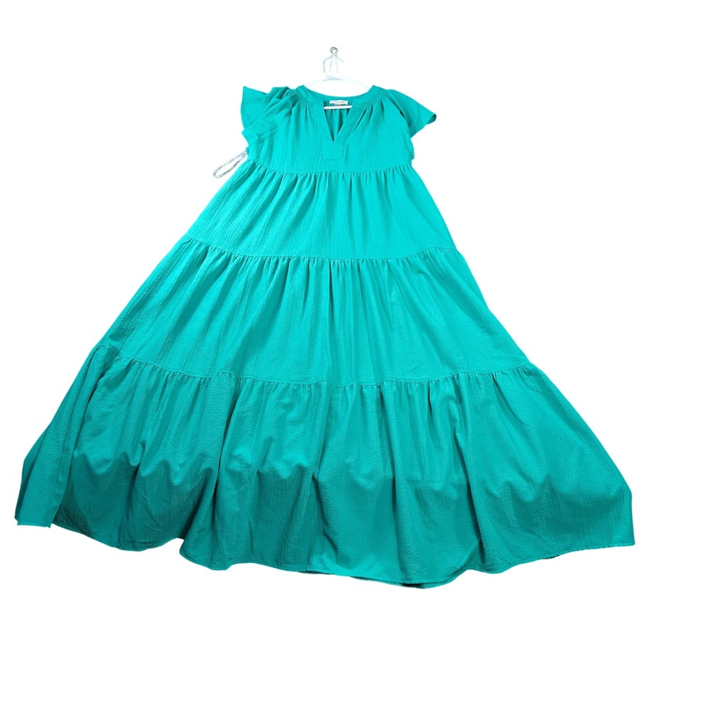 Calvin Klein Womens Emerald Green Tiered Maxi Dress Flutter Sleeve V-Neck Size 4